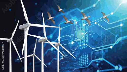 Geese flying past white wind turbines against a digital blue circuit board background energy renewable energy.