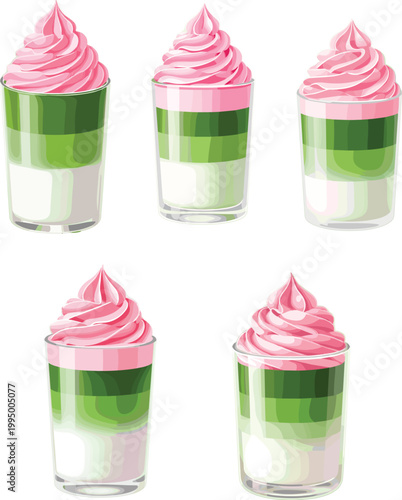 Layered matcha dessert glasses with pink whipped cream topping and green tea mousse for sweet cafe treats and spring food design projects