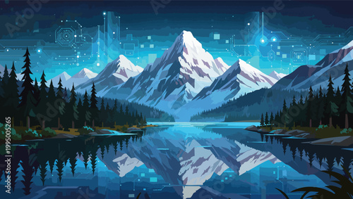 Majestic snow-capped mountains reflected in a serene lake with a digital network overlay peaks water.