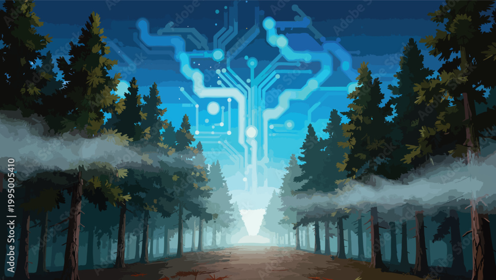 Fototapeta premium Misty Forest Path Leading to a Digital Energy Portal Amidst Tall Pine Trees woods tall trees.