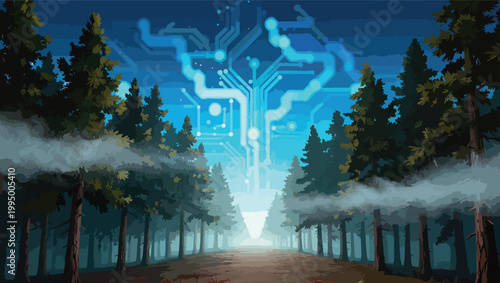 Misty Forest Path Leading to a Digital Energy Portal Amidst Tall Pine Trees woods tall trees.