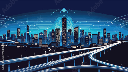 Modern city skyline with elevated highways and digital network overlay at night cityscape urban.
