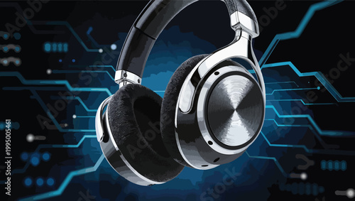 Modern Headphones on Digital Circuit Board Background audio black.