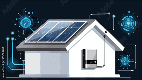 Modern House with Solar Panels and Inverter Connected to Smart Home Technology solar energy renewable energy.