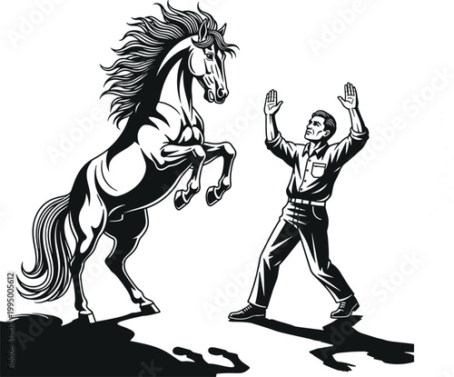 Black and white drawing of a man with arms raised confronting a rearing horse out of control animal power confrontation aggression surprise
