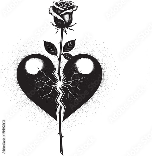 Black and white illustration of a rose growing through a cracked broken heart unrequited love relationship problems heartbreak illustration