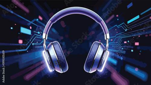 Purple headphones with glowing lights against a dark abstract digital background with colorful lines.