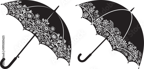 Two ornate black umbrellas with decorative patterns symbolizing protection and style umbrella protection decorative accessory sophisticated