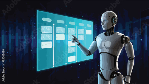 Realistic humanoid robot interacting with a large interactive digital touch screen displaying project management boards.