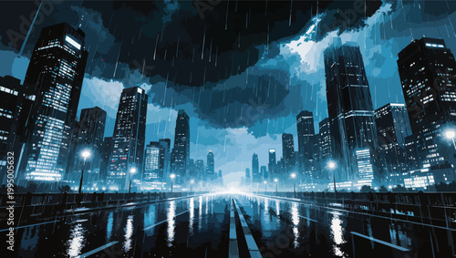 Rainy night in a modern city with reflections on wet streets and dramatic sky urban.