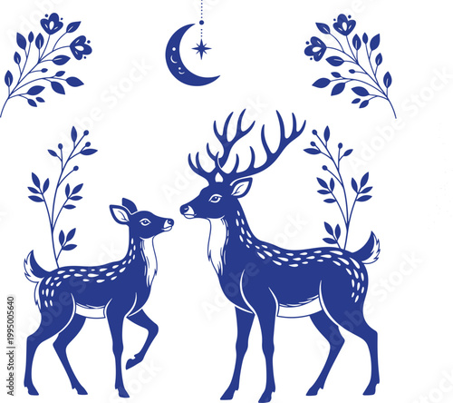 Artistic illustration of two deer one adult buck and a fawn floral elements and a crescent moon animal kingdom forest dwelling wildlife