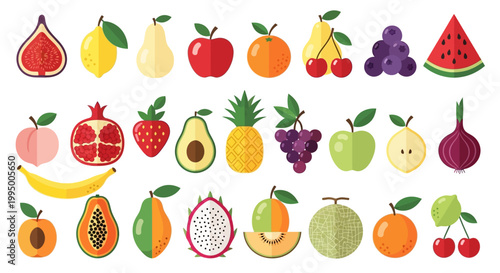 Flat design fruit icons set, colorful organic food collection with 25 vector elements, healthy nutrition symbols for grocery and menu design