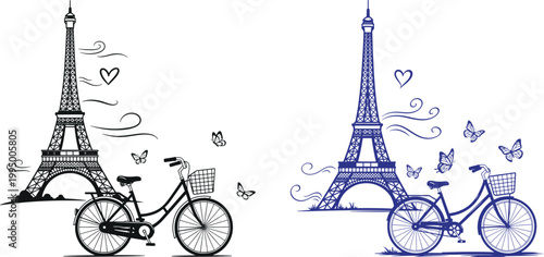 Parisian scene featuring the eiffel tower and a bicycle with butterflies travel destination landmark icon transportation landmark cityscape
