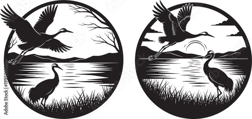 Silhouette of cranes in flight over a tranquil lake at dawn or dusk with animal silhouette flying birds nature landscape wildlife