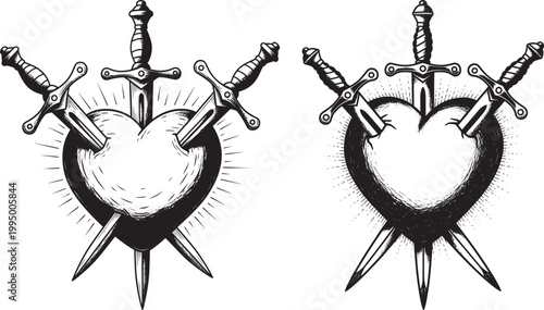 Stylized black and white illustrations of a heart pierced by three swords representing heartache or a broken heart line art illustration symbolic