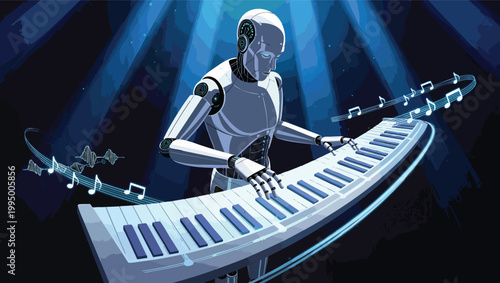 Robot playing a futuristic keyboard with musical notes and blue light beams artificial intelligence piano.
