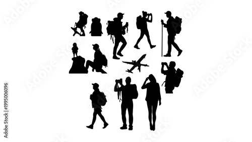 Hiking Adventure Silhouette Set Backpacker Trekking Outdoor Collection PNG transparent background 