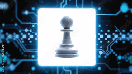 Single White Chess Pawn Centered on a White Square Within a Glowing Blue Circuit Board game strategy.
