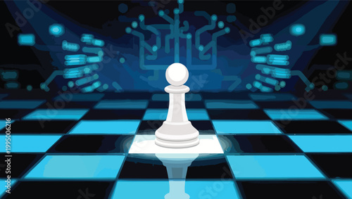 Single white chess pawn illuminated on a glowing blue and black checkered digital chessboard chess piece.