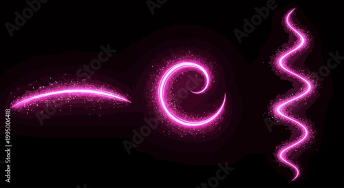Glowing pink magic trail vector set, sparkling neon light swirls and wavy glitter lines, luminous fairy dust particles on black background