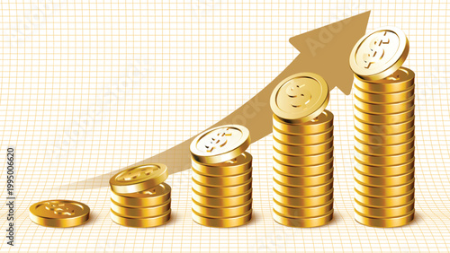 Gold coins stacks and rising arrow. Wealthy coin stack growth with dollar symbol on financial grid background. Business profit increase, money success and investment return vector illustration