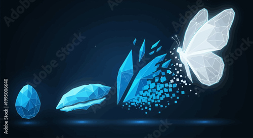 Futuristic low poly butterfly metamorphosis, digital transformation of glowing crystal egg to insect, blue geometric wireframe butterfly life cycle