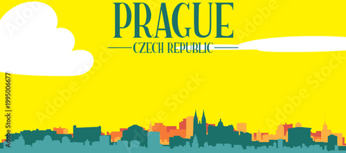 A colourful vector cityscape with sunset tones representing retro minimalist tourist poster skyline of PRAGUE, CZECH REPUBLIC