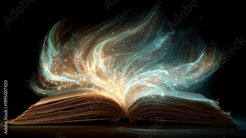 Open book with glowing magical light and swirling particles emanating from pages, creating an enchanting visual effect against a dark background