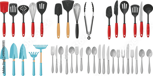 Kitchen utensils vector illustration set with spatulas, whisks, tongs and cutlery, cooking tools and gardening equipment collection isolated on white background