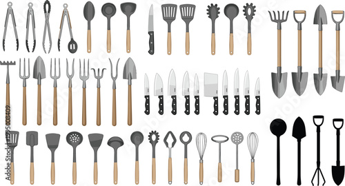 Kitchen and gardening tools vector illustration set with knives, spatulas, forks and shovels, household and farm equipment collection isolated on white background