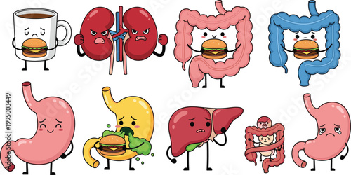 Digestive system cartoon vector illustration with organs and unhealthy food effects, stomach and intestines characters showing health problems isolated on white background
