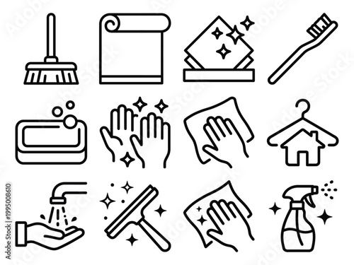 Set of cleaning icons with broom soap hands spray bottle cleaning sanitation cleanliness disinfection household