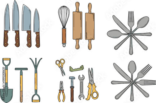 Kitchen utensils and tools vector illustration set with knives, rolling pins, cutlery and gardening equipment, household objects collection isolated on white background