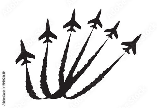 Fighter jets silhouette, dynamic formation smoke trails, aviation display, aircraft squadron shapes, white background, minimal vector illustration, isolated design