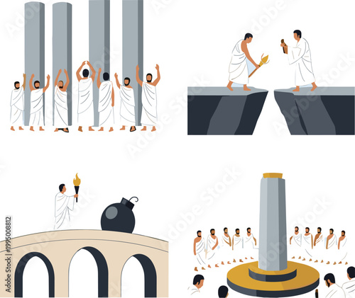 Hajj rituals vector illustration set with Muslim pilgrims performing stoning and tawaf, Islamic religious practices and sacred ceremonies isolated on white background