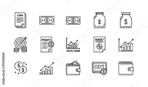 Finance outline icon set with loan cash saving profit budget and revenue symbols in minimal linear style isolated on white