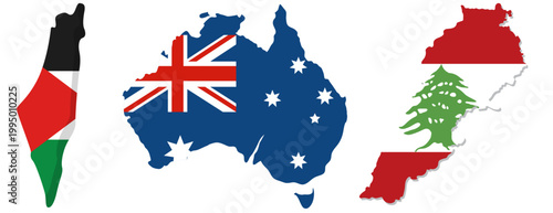 Set of country maps with national flag patterns, Palestine Australia and Lebanon geography silhouettes isolated on white.