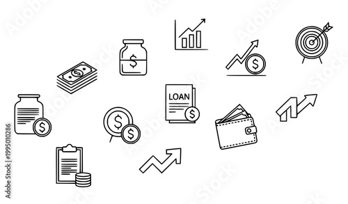 Minimal finance icons vector with cash saving investment loan and revenue symbols in modern outline style isolated on white