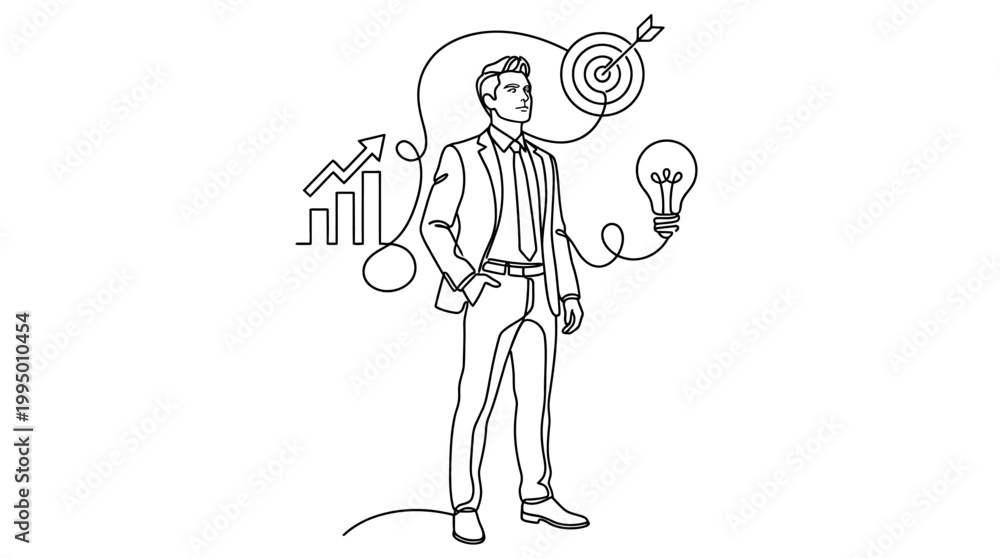 Obraz premium Businessman planning with target growth and innovation icons line art.