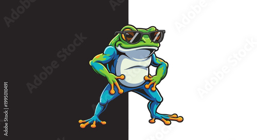 A cartoon frog wearing sunglasses dancing.