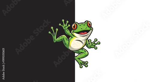 A cartoon frog peeking from behind.