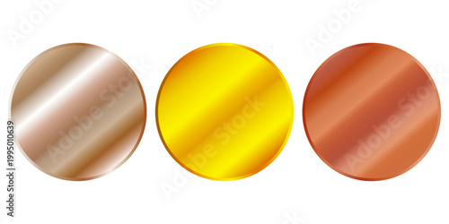 Award golden, silver and bronze blank medals 3d vector realistic illustration. First, second and third place medals or buttons isolated on white background. Quality blank, empty badge, emblem set.