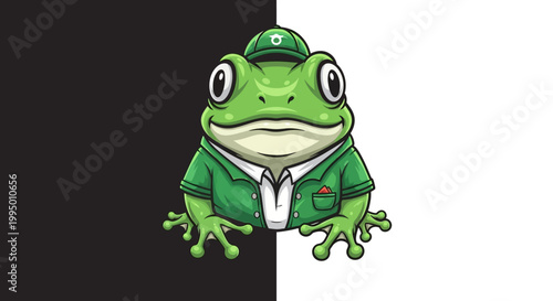 A cartoon frog wearing green clothing.
