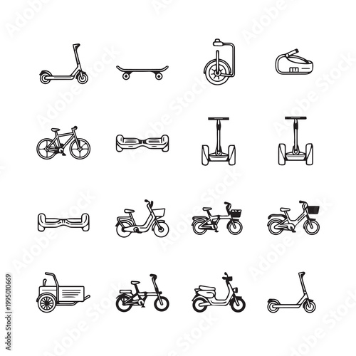 Collection of electric personal transport vehicles and scooters in clean line art style