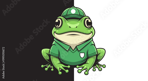 A green cartoon frog wearing a uniform.