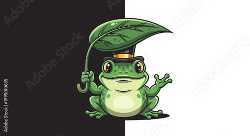 A green frog wearing glasses and hat.
