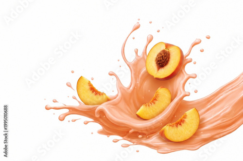 fresh peach with splash isolate on a white background.