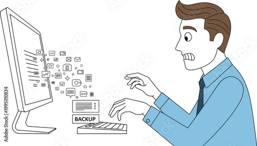Businessman panics while his computer experiences a critical data loss event.