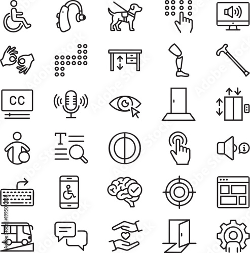 30 Accessible Design Line Icons – Assistive Technology, Disability Support, Inclusive UI UX, Accessibility Vector Outline Set