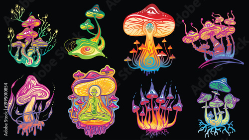Collection of psychedelic mushroom characters and mystical elements in vibrant neon colors on a black background
